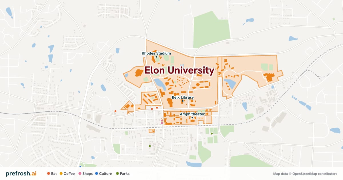 Campus map of Elon University in Elon, NC, showing Belk Library, Amphitheater and Rhodes Stadium, with nearby restaurants, coffee and shops