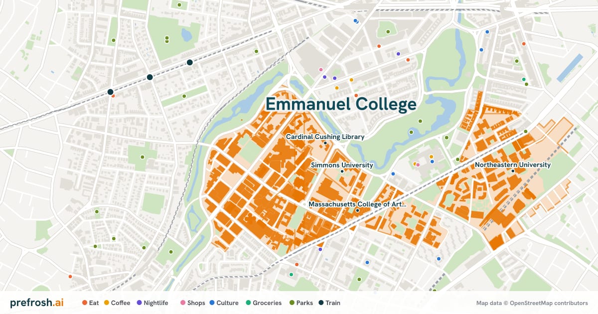 Campus map of Emmanuel College in Boston, MA, showing Simmons University, Cardinal Cushing Library, Isabella Stewart Gardner Museum and Massachusetts College of Art and Design, with nearby restaurants, coffee and shops
