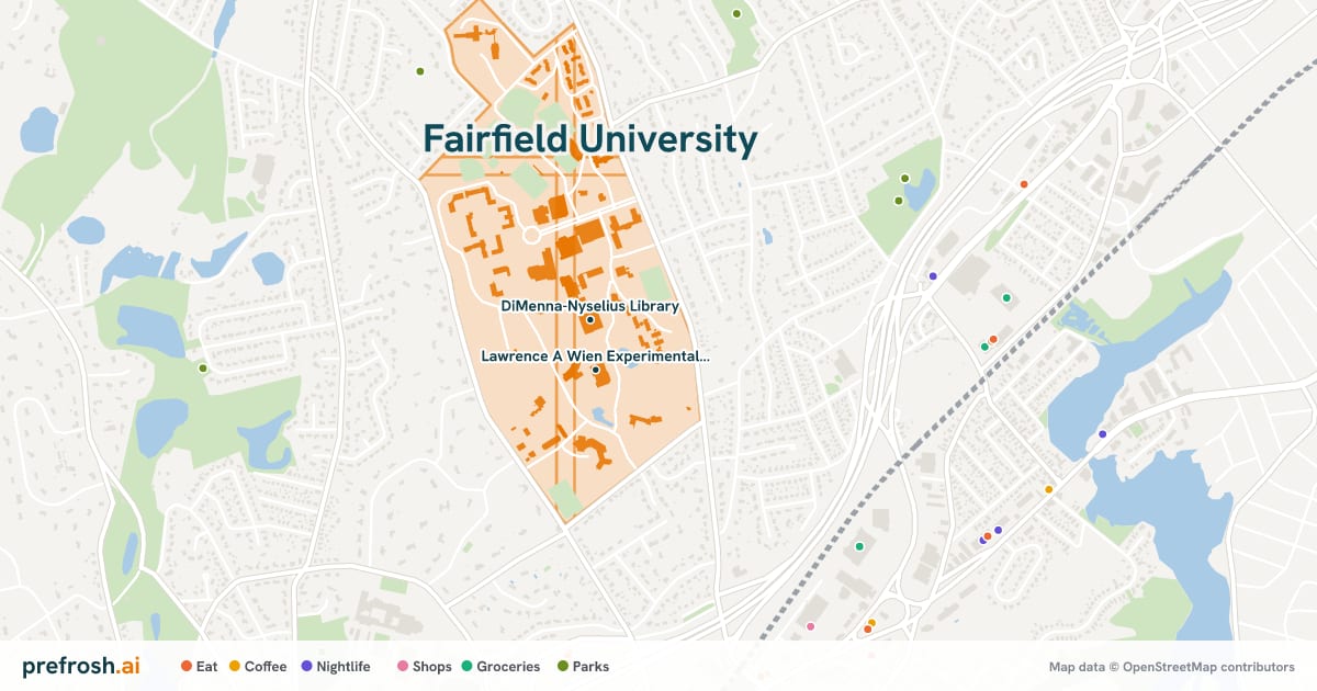 Campus map of Fairfield University in Fairfield, CT, showing Lawrence A Wien Experimental Theatre and DiMenna-Nyselius Library, with nearby restaurants, coffee and shops