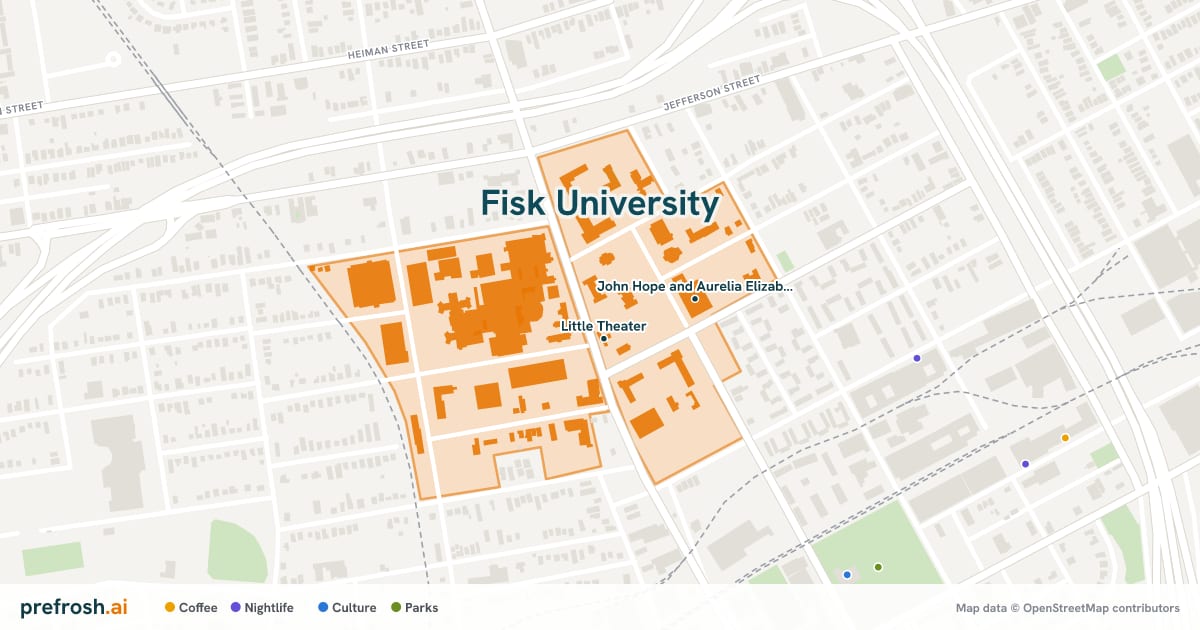 Campus map of Fisk University in Nashville, TN, showing Little Theater and Carl Van Vechten Art Gallery, with nearby restaurants, coffee and shops