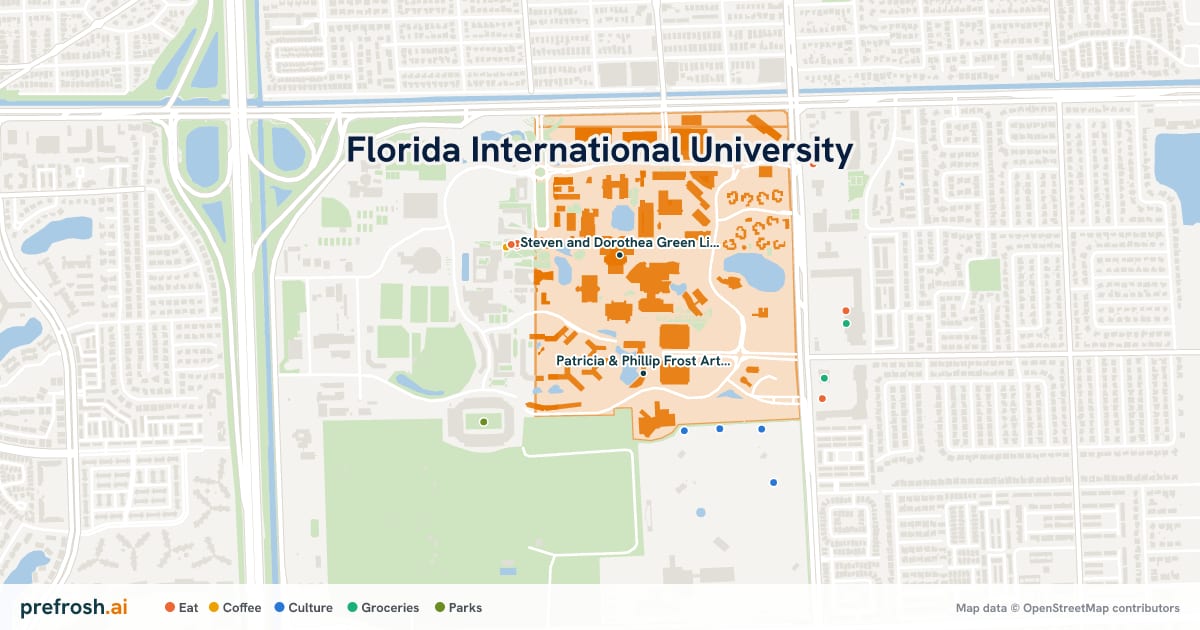 Campus map of Florida International University in Miami, FL, showing Steven and Dorothea Green Library and Patricia & Phillip Frost Art Museum, with nearby restaurants, coffee and shops