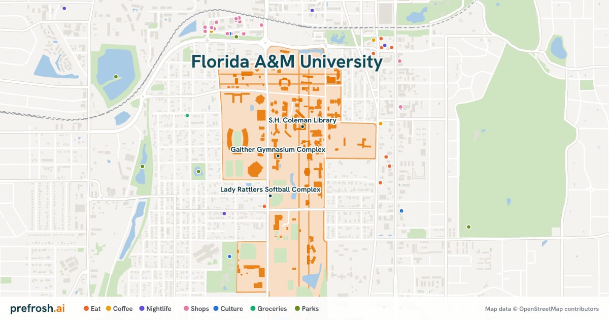Campus map of Florida A&M University in Tallahassee, FL, showing Gaither Gymnasium Complex, S.H. Coleman Library and Lady Rattlers Softball Complex, with nearby restaurants, coffee and shops