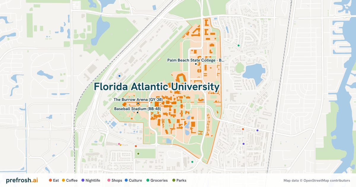 Campus map of Florida Atlantic University in Boca Raton, FL, showing Florida Atlantic University - Boca Raton Campus, The Burrow Arena (GY-38) and Softball Stadium (SB-68), with nearby restaurants, coffee and shops