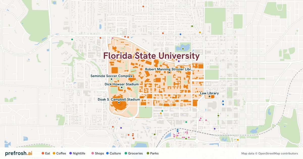 Campus map of Florida State University in Tallahassee, FL, showing Robert Manning Strozier Library, Dirac Science Library, Dick Howser Stadium and Claude Pepper Library, with nearby restaurants, coffee and shops