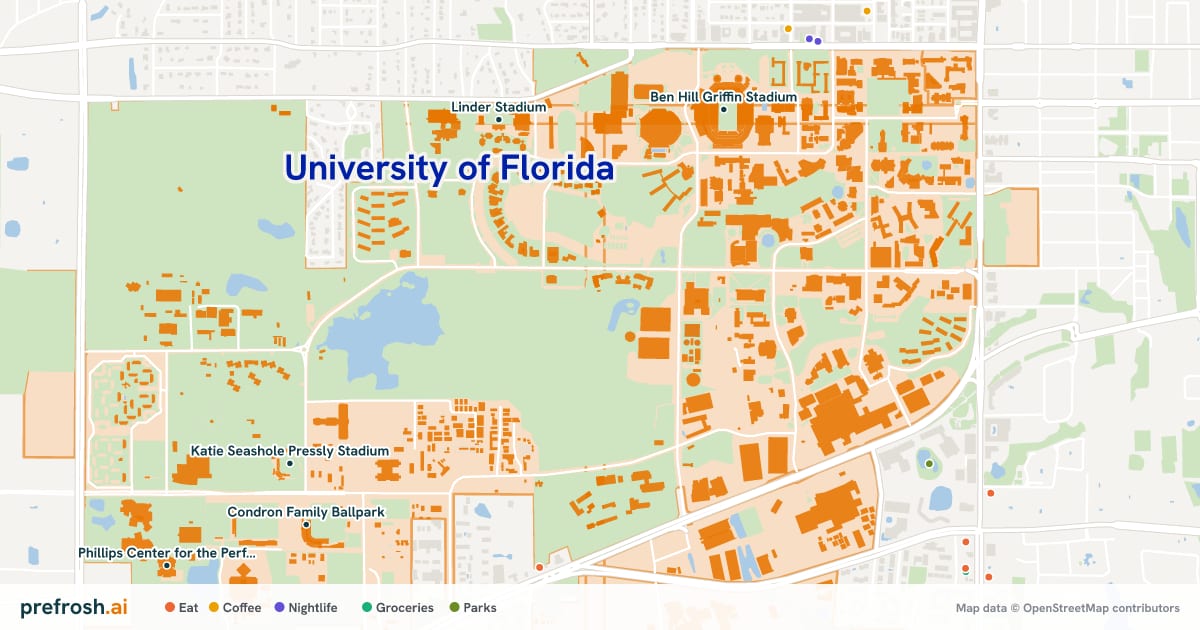 Campus map of University of Florida in Gainesville, FL, showing Levin College of Law, Linder Stadium, Katie Seashole Pressly Stadium and James G. Pressly Stadium, with nearby restaurants, coffee and shops