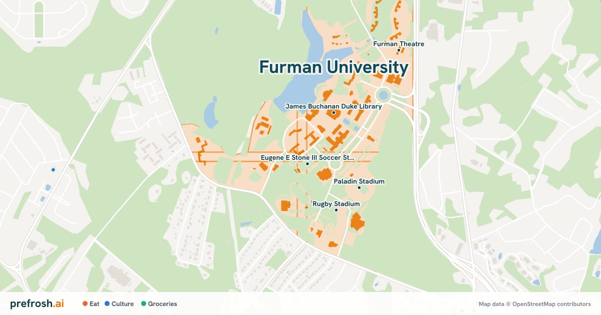Campus map of Furman University in Greenville, SC, showing Eugene E Stone III Soccer Stadium, Paladin Stadium, James Buchanan Duke Library and Latham Baseball Stadium, with nearby restaurants, coffee and shops