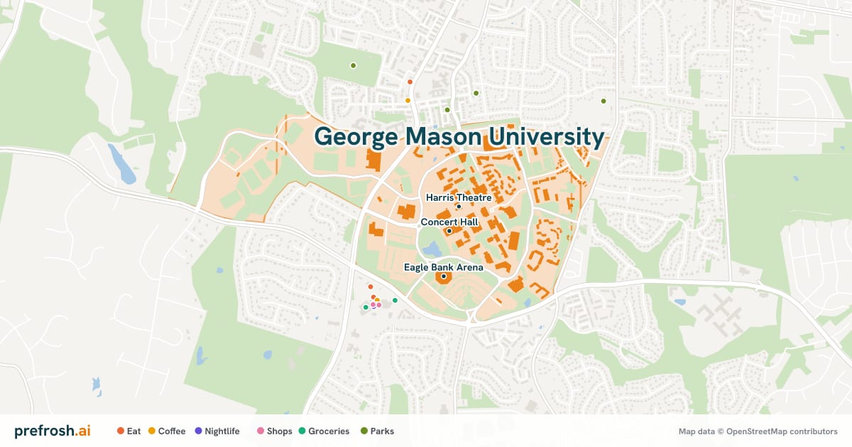 Campus map of George Mason University in Fairfax, VA, showing Concert Hall, Harris Theatre and Johnson Center Library, with nearby restaurants, coffee and shops