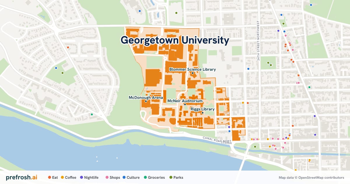 Campus map of Georgetown University in Washington, DC, showing McNeir Auditorium, Blommer Science Library, John R. Thompson Jr. Intercollegiate Athletic Center and Yates Field House, with nearby restaurants, coffee and shops