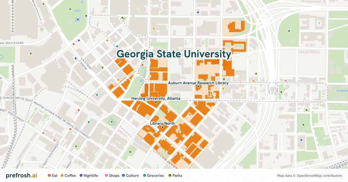 Campus map of Georgia State University in Atlanta, GA, showing Herzing University, Atlanta, Georgia State Players' Theatre and Auburn Avenue Research Library, with nearby restaurants, coffee and shops