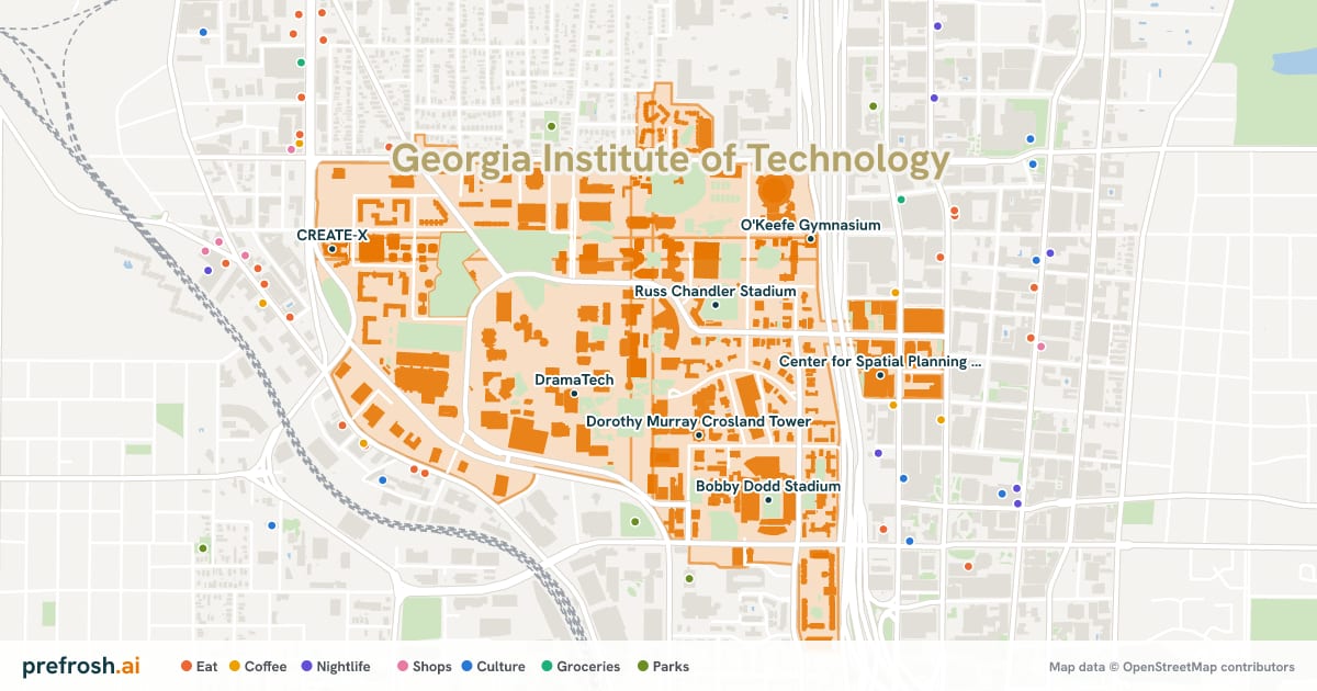 Campus map of Georgia Institute of Technology in Atlanta, GA, showing Russ Chandler Stadium, Dorothy Murray Crosland Tower, DramaTech and Robert H. Ferst Center for the Arts, with nearby restaurants, coffee and shops