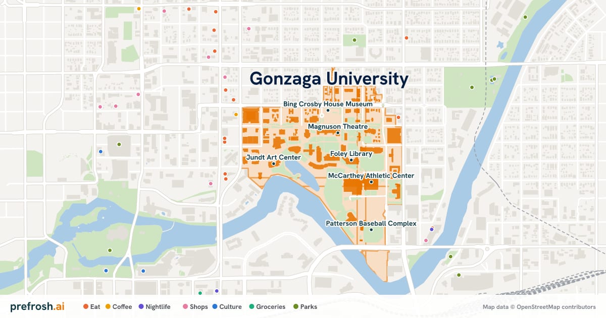 Campus map of Gonzaga University in Spokane, WA, showing Foley Library, Magnuson Theatre, McCarthey Athletic Center and Bing Crosby House Museum, with nearby restaurants, coffee and shops