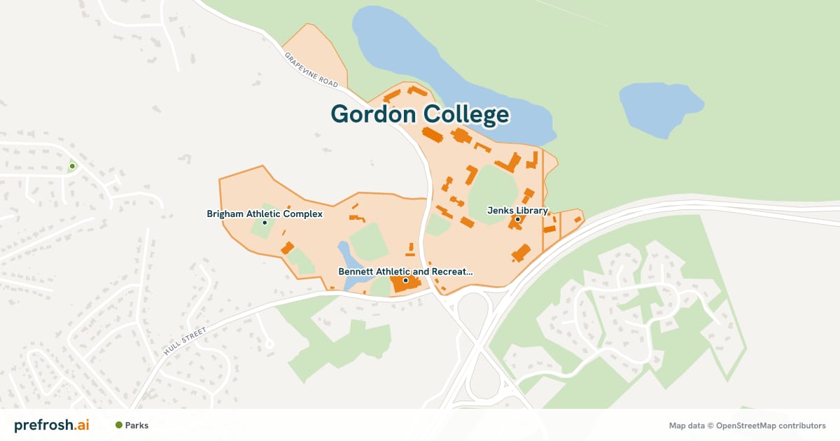 Campus map of Gordon College in Wenham, MA, showing Bennett Athletic and Recreation Center, Jenks Library and Brigham Athletic Complex, with nearby restaurants, coffee and shops