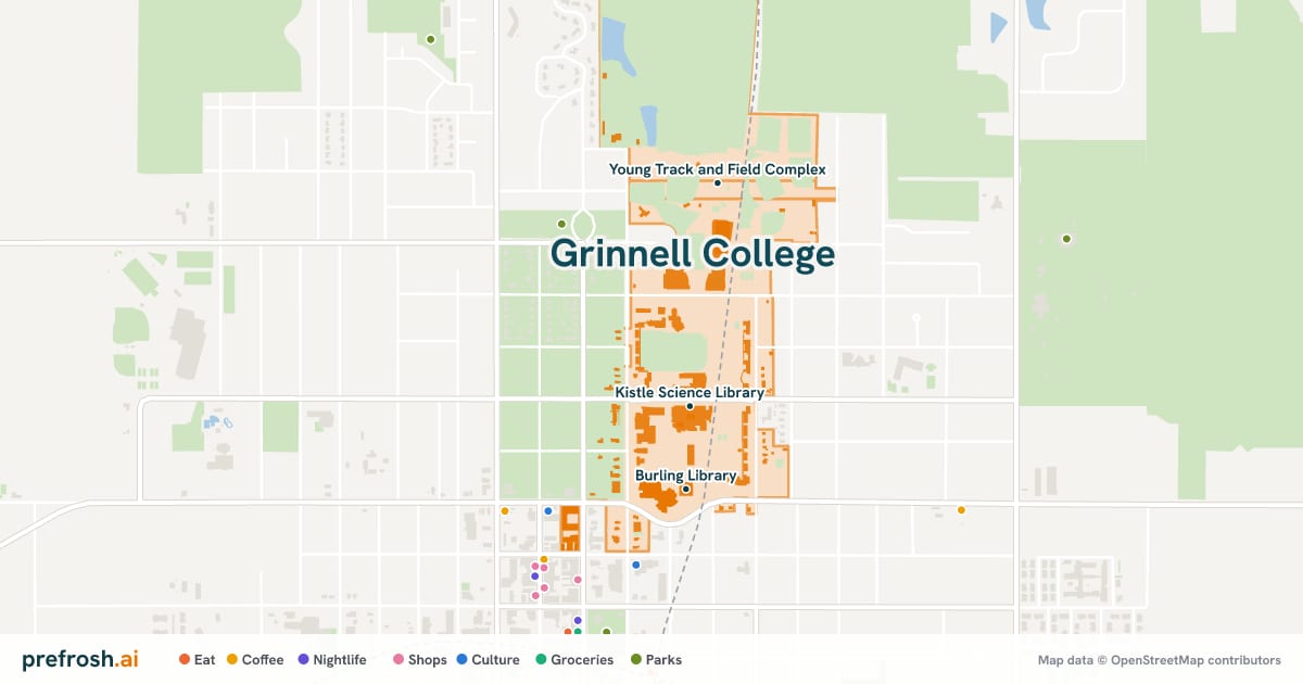 Campus map of Grinnell College in Grinnell, IA, showing Kistle Science Library, Natatorium and Bear Recreation and Athletic Center, with nearby restaurants, coffee and shops