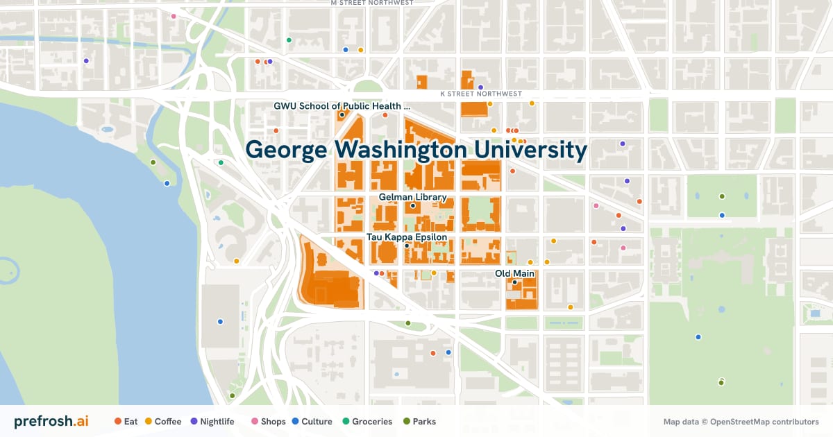 Campus map of George Washington University in Washington, DC, showing Gelman Library, The George Washington University, Tau Kappa Epsilon and Department of Athletics and Recreation, Baseball, Gymnastics, Rowing, and Water Polo, with nearby restaurants, coffee and shops