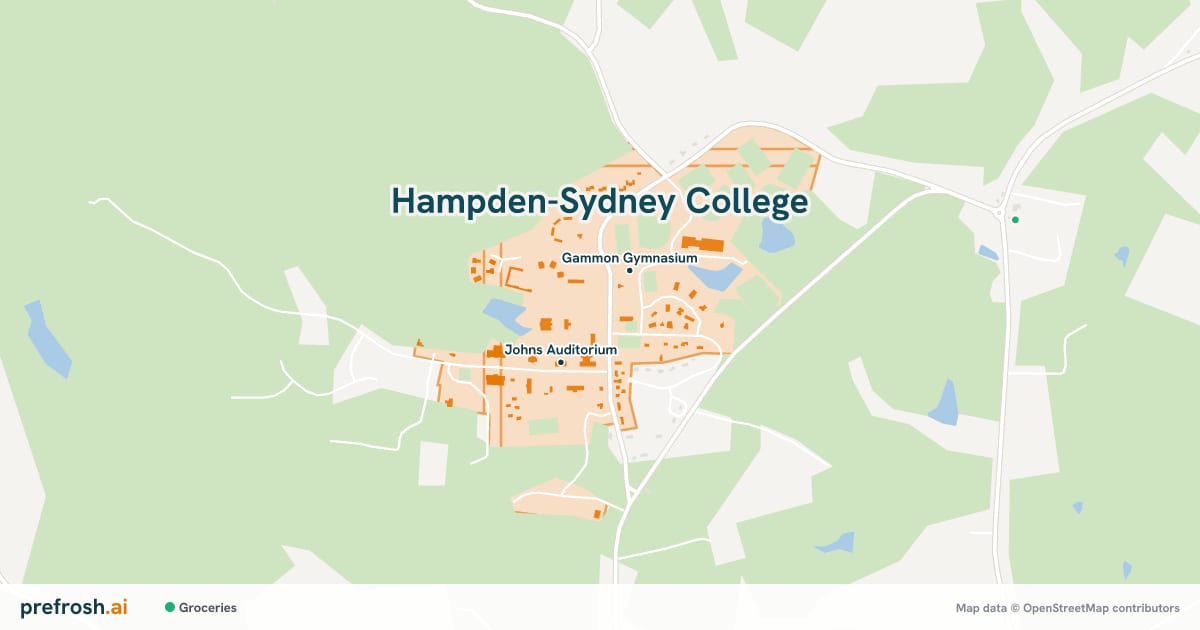 Campus map of Hampden-Sydney College in Hampden-Sydney, VA, showing Gammon Gymnasium and Johns Auditorium, with nearby restaurants, coffee and shops