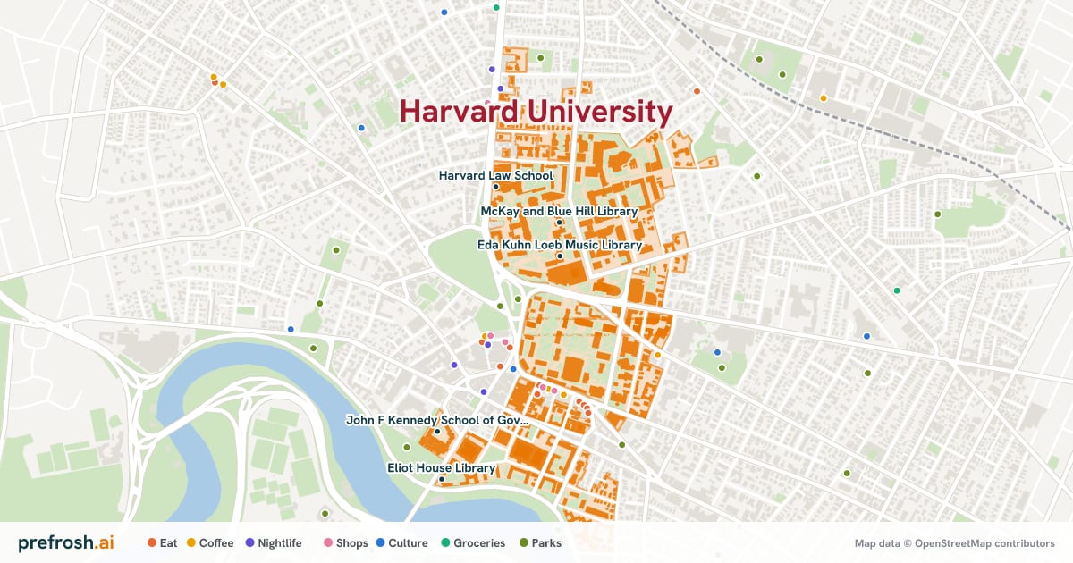 Campus map of Harvard University in Cambridge, MA, showing Eda Kuhn Loeb Music Library, Hastings Building, McKay and Blue Hill Library and Harvard Law School, with nearby restaurants, coffee and shops