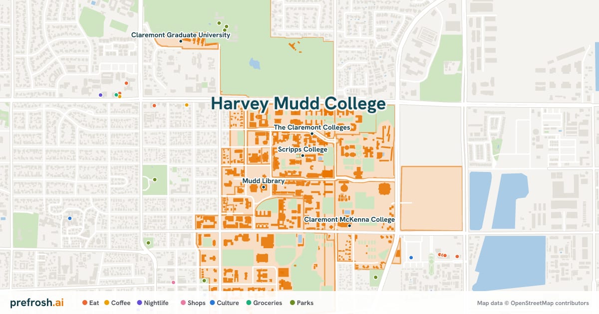 Campus map of Harvey Mudd College in Claremont, CA, showing Scripps College, Denison Library, The Claremont Colleges and Mudd Library, with nearby restaurants, coffee and shops