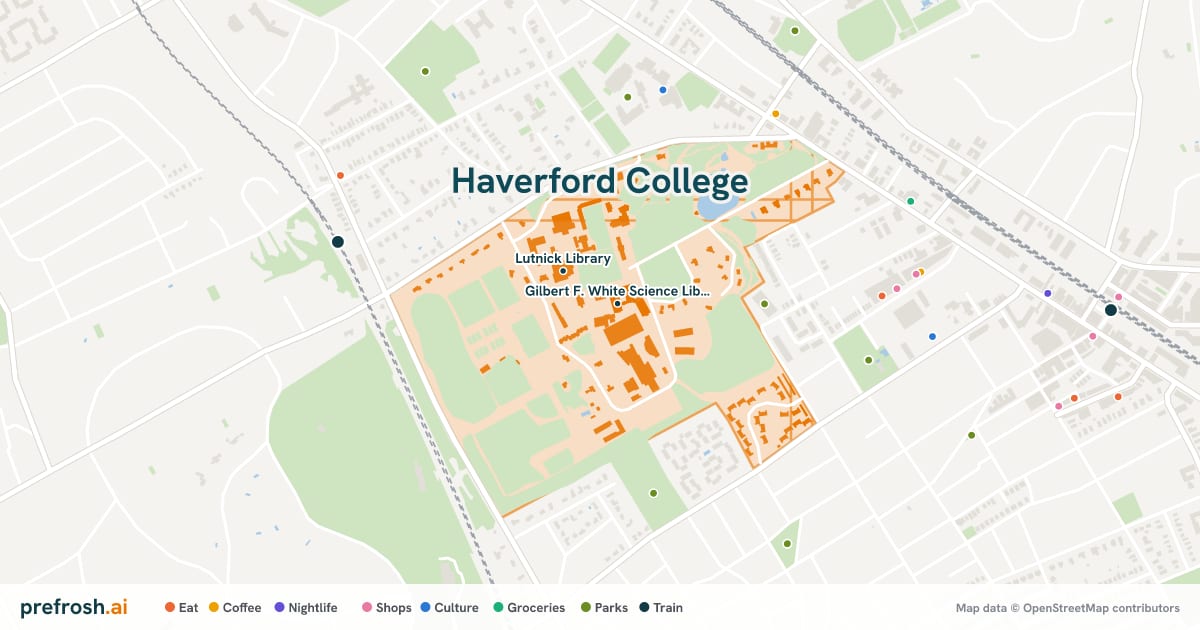 Campus map of Haverford College in Haverford, PA, showing Gilbert F. White Science Library and Alumni Field House, with nearby restaurants, coffee and shops