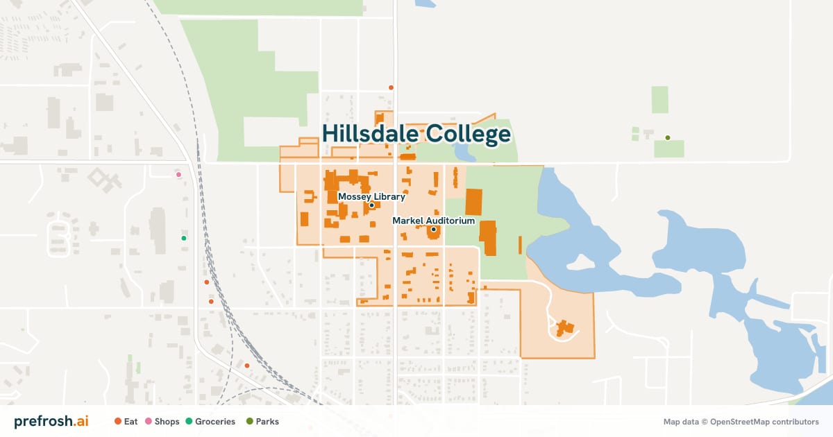 Campus map of Hillsdale College in Hillsdale, MI, showing Markel Auditorium and Sage Center for the Arts, with nearby restaurants, coffee and shops
