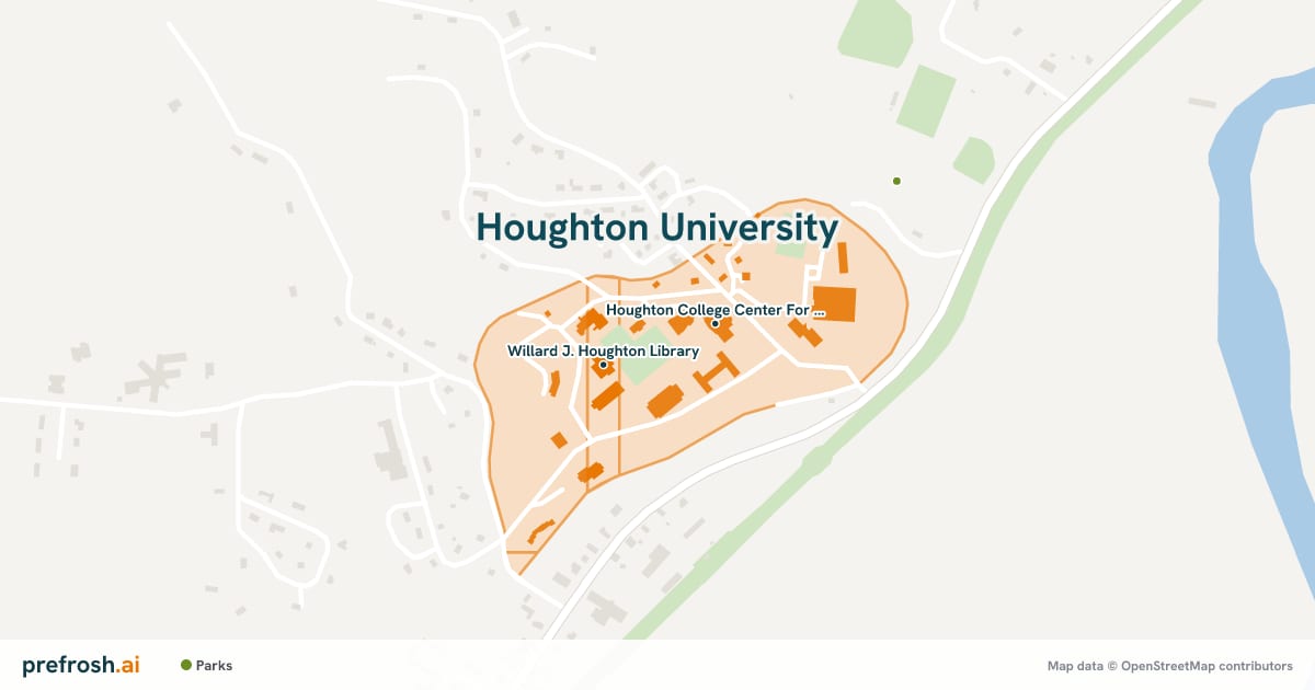 Campus map of Houghton University in Houghton, NY, showing Willard J. Houghton Library and Houghton College Center For The Arts, with nearby restaurants, coffee and shops
