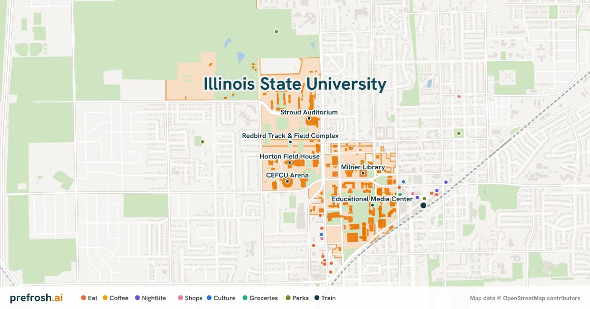Campus map of Illinois State University in Normal, IL, showing Horton Field House, Redbird Track & Field Complex, Hancock Stadium and CEFCU Arena, with nearby restaurants, coffee and shops