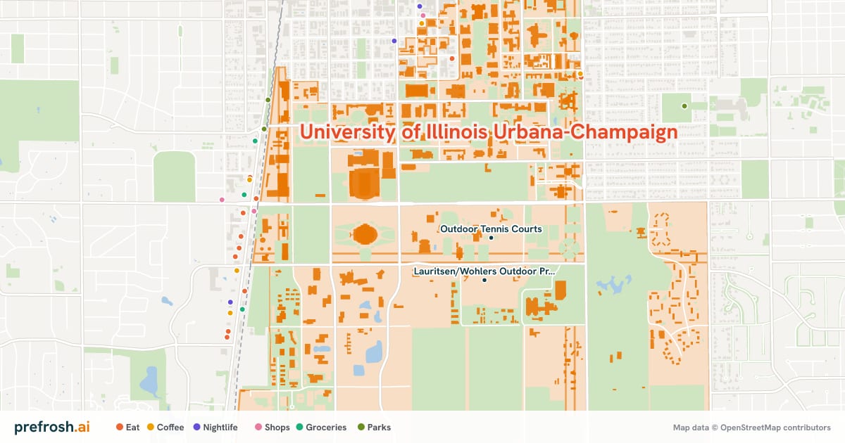 Campus map of University of Illinois Urbana-Champaign in Champaign, IL, showing Outdoor Tennis Courts and Atkins Tennis Center, with nearby restaurants, coffee and shops