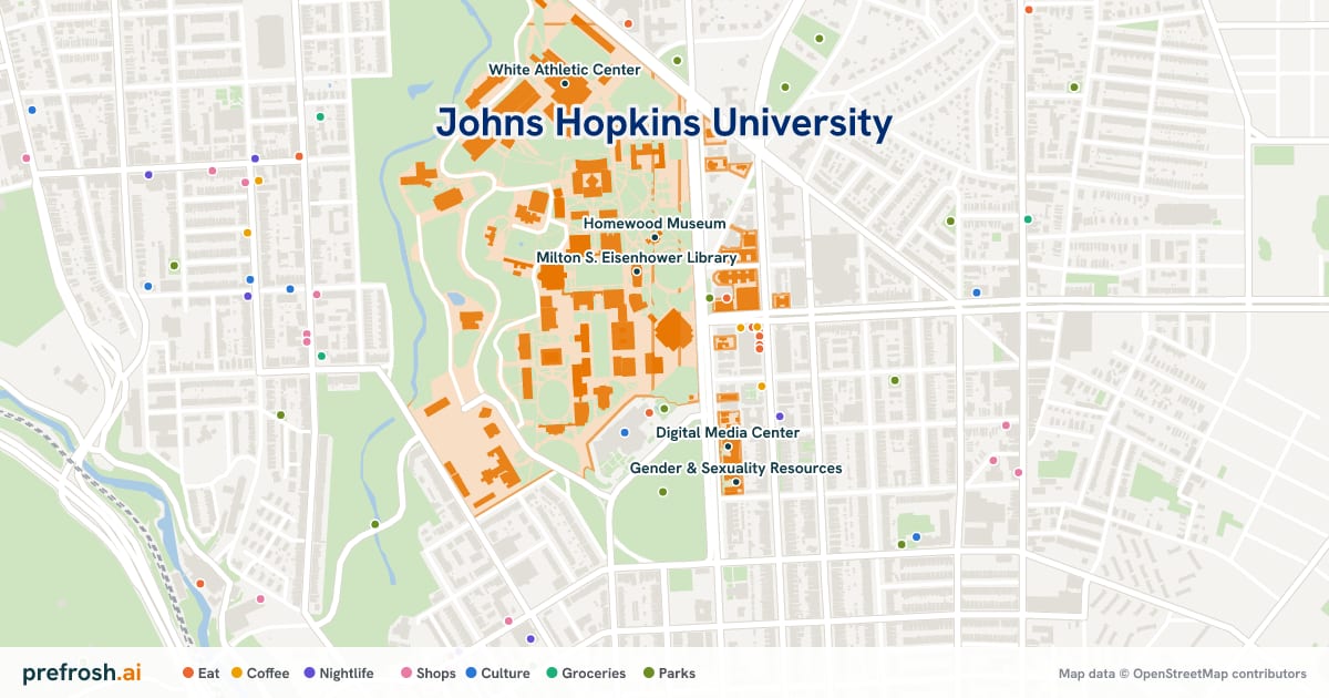 Campus map of Johns Hopkins University in Baltimore, MD, showing Milton S. Eisenhower Library, Space Systems Engineering, Homewood Museum and Digital Media Center, with nearby restaurants, coffee and shops