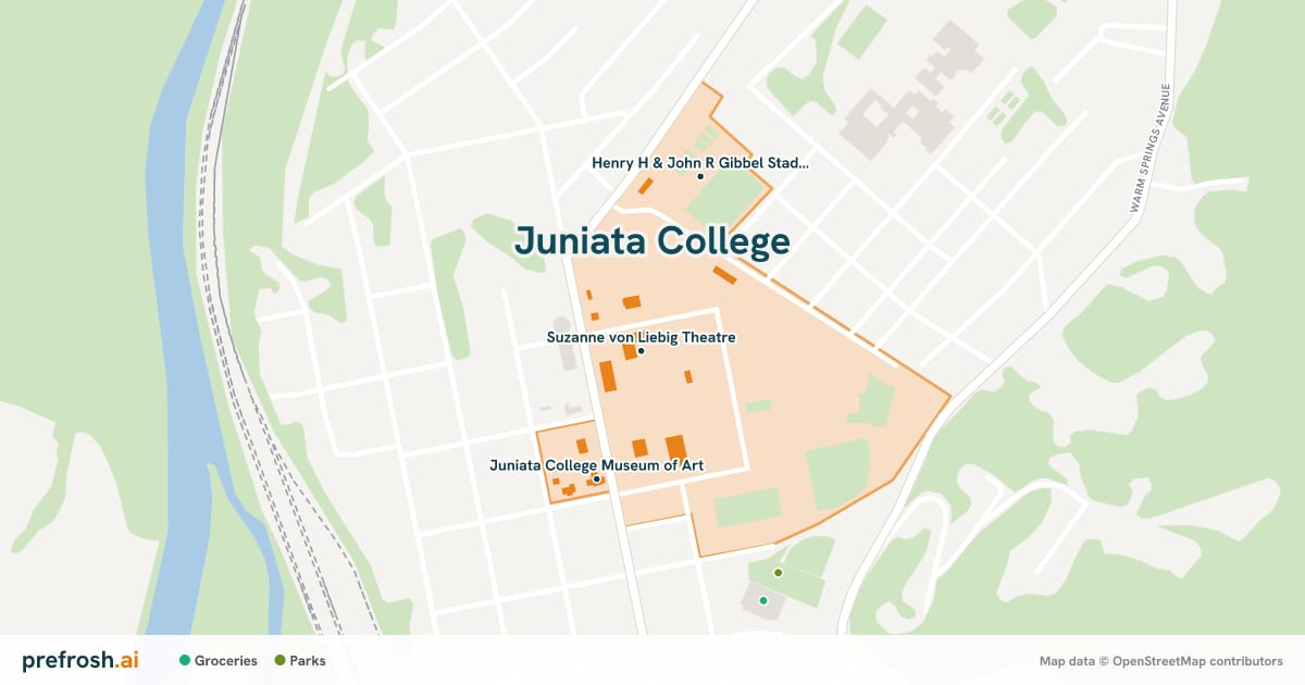 Campus map of Juniata College in Huntingdon, PA, showing Suzanne von Liebig Theatre, L.A. Beeghly Library and Juniata College Museum of Art, with nearby restaurants, coffee and shops