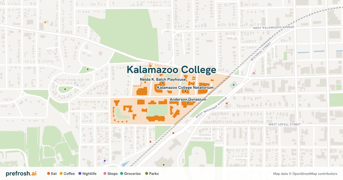 Campus map of Kalamazoo College in Kalamazoo, MI, showing Nelda K. Balch Playhouse, Light Fine Arts Building and Dalton Theatre, with nearby restaurants, coffee and shops