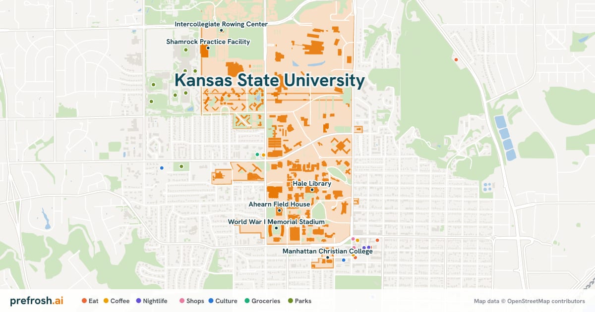 Campus map of Kansas State University in Manhattan, KS, showing Hale Library, Ahearn Field House, World War I Memorial Stadium and Beach Museum of Art, with nearby restaurants, coffee and shops