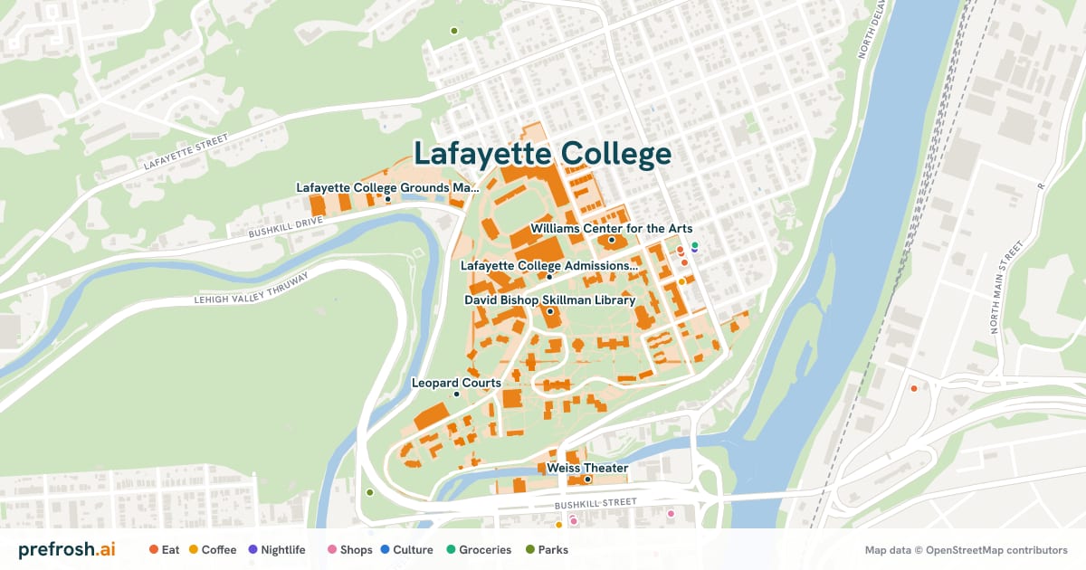 Campus map of Lafayette College in Easton, PA, showing Lafayette College Admissions Office, David Bishop Skillman Library, Gateway Career Center and Williams Center for the Arts, with nearby restaurants, coffee and shops