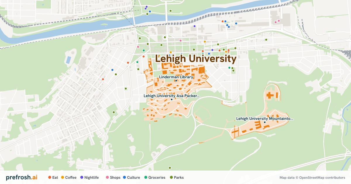 Campus map of Lehigh University in Bethlehem, PA, showing Linderman Library, Lehigh University Asa Packer Campus and E.W. Fairchild-Martindale Library and Computing Center, with nearby restaurants, coffee and shops