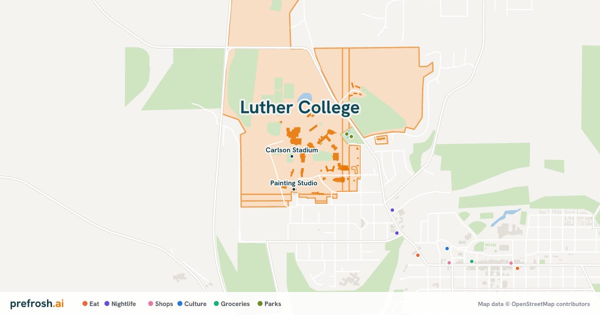 Campus map of Luther College in Decorah, IA, showing Carlson Stadium and Wulfsberg Tennis Courts, with nearby restaurants, coffee and shops