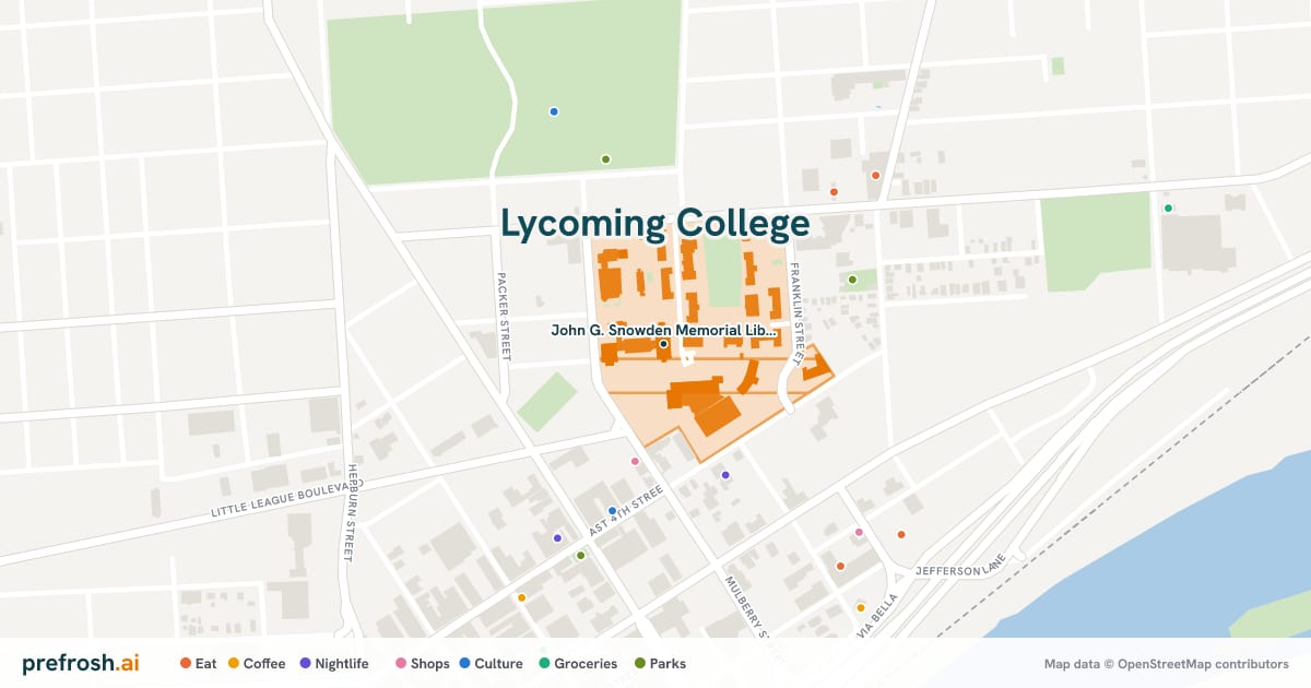 Campus map of Lycoming College in Williamsport, PA, showing John G. Snowden Memorial Library, with nearby restaurants, coffee and shops
