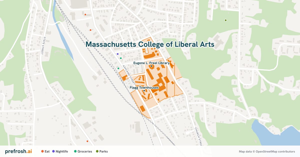 Campus map of Massachusetts College of Liberal Arts in North Adams, MA, showing Eugene L. Freel Library and Flagg Townhouses, with nearby restaurants, coffee and shops