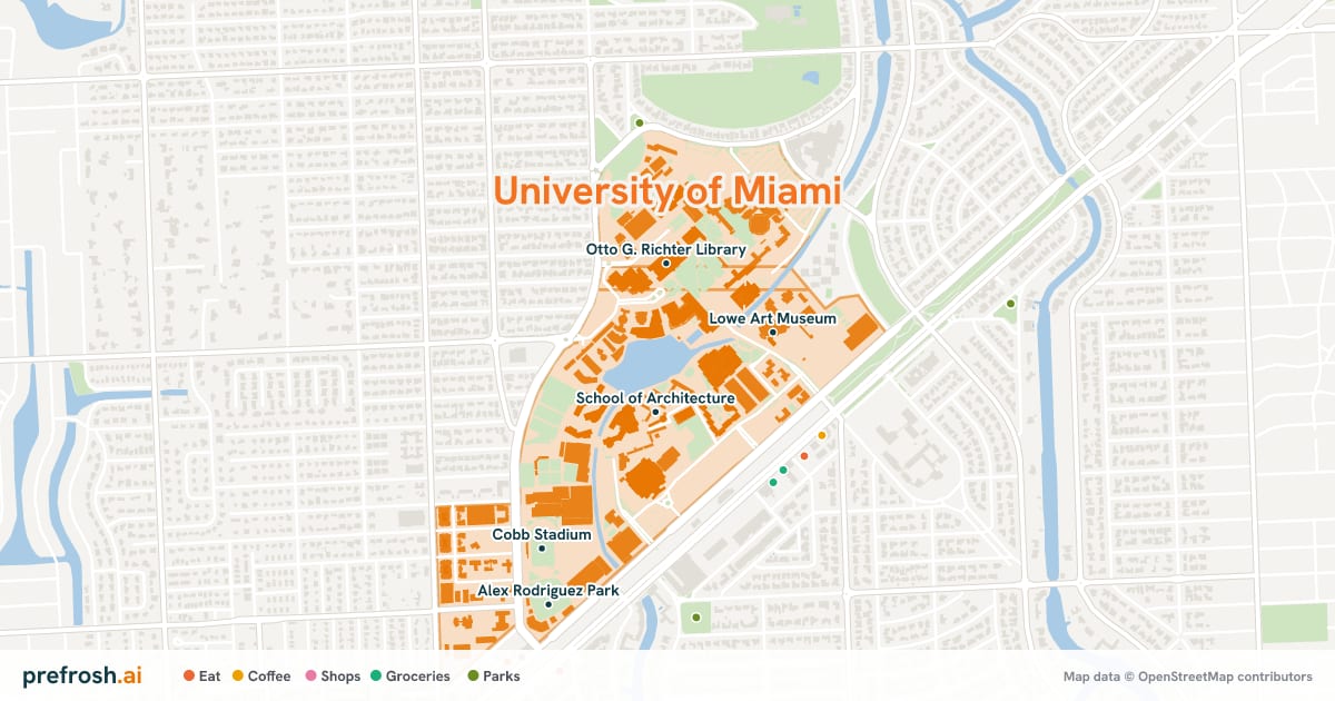 Campus map of University of Miami in Coral Gables, FL, showing School of Architecture, Otto G. Richter Library, Lowe Art Museum and College of Arts and Sciences, with nearby restaurants, coffee and shops