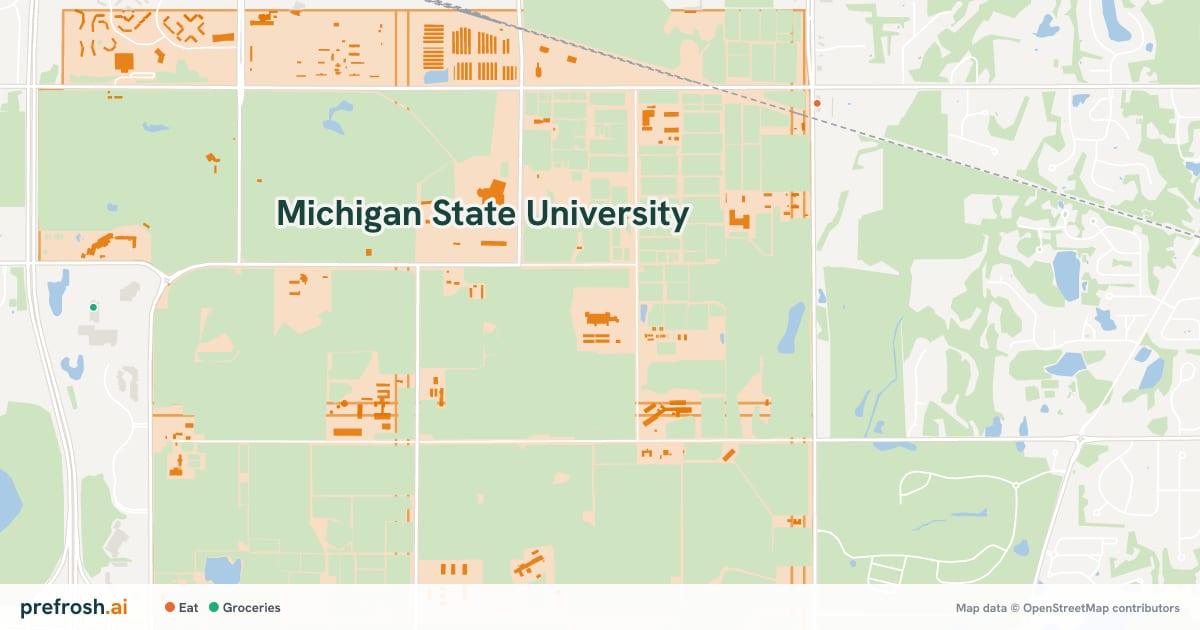 Campus map of Michigan State University in East Lansing, MI, with nearby restaurants, coffee and shops