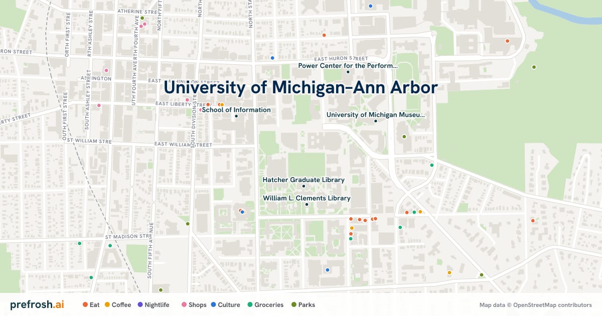 Campus map of University of Michigan–Ann Arbor in Ann Arbor, MI, showing Hatcher Graduate Library, William L. Clements Library, Shapiro Undergraduate Library and Tappan Hall, with nearby restaurants, coffee and shops