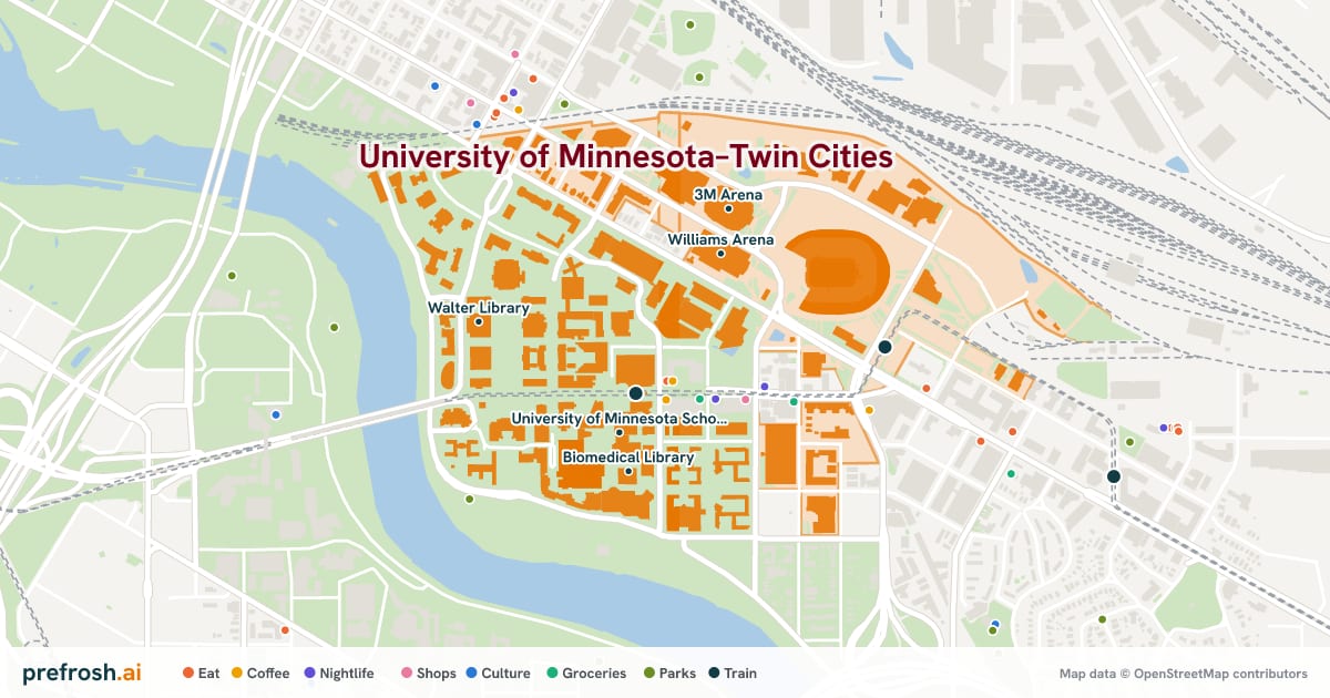 Campus map of University of Minnesota–Twin Cities in Minneapolis, MN, showing University of Minnesota School of Dentistry, Biomedical Library, Wangensteen Historical Library and Williams Arena, with nearby restaurants, coffee and shops