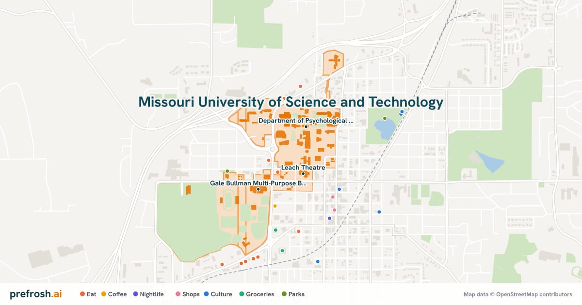 Campus map of Missouri University of Science and Technology in Rolla, MO, showing Leach Theatre, Department of Psychological Science and Department of English and Technical Communication, with nearby restaurants, coffee and shops