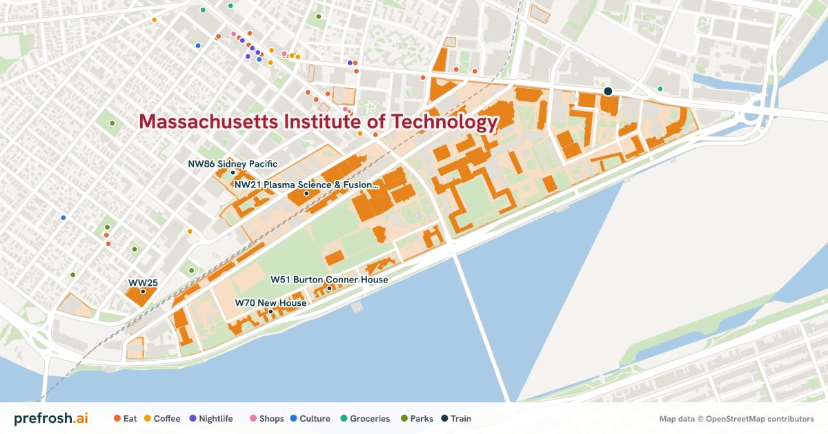 Campus map of Massachusetts Institute of Technology in Cambridge, MA, showing NW21 Plasma Science & Fusion Center, W34 Johnson Athletic Center, W35 Zesiger Sports & Fitness Center and NW35 Ashdown House, with nearby restaurants, coffee and shops