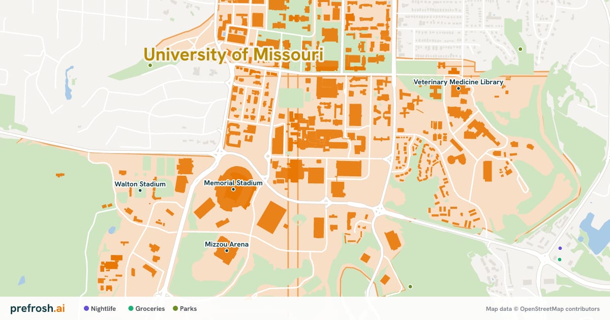 Campus map of University of Missouri in Columbia, MO, showing Memorial Stadium, Daniel J. Devine Athletic Pavilion, Mizzou Arena and Walton Stadium, with nearby restaurants, coffee and shops
