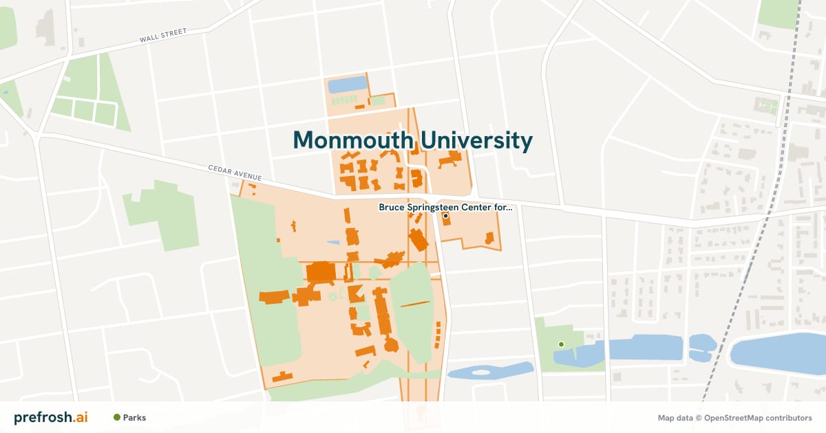 Campus map of Monmouth University in West Long Branch, NJ, showing Bruce Springsteen Center for American Music, with nearby restaurants, coffee and shops