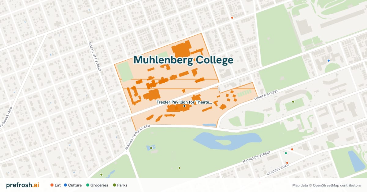 Campus map of Muhlenberg College in Allentown, PA, showing Trexler Pavillion for Theater and Dance, with nearby restaurants, coffee and shops