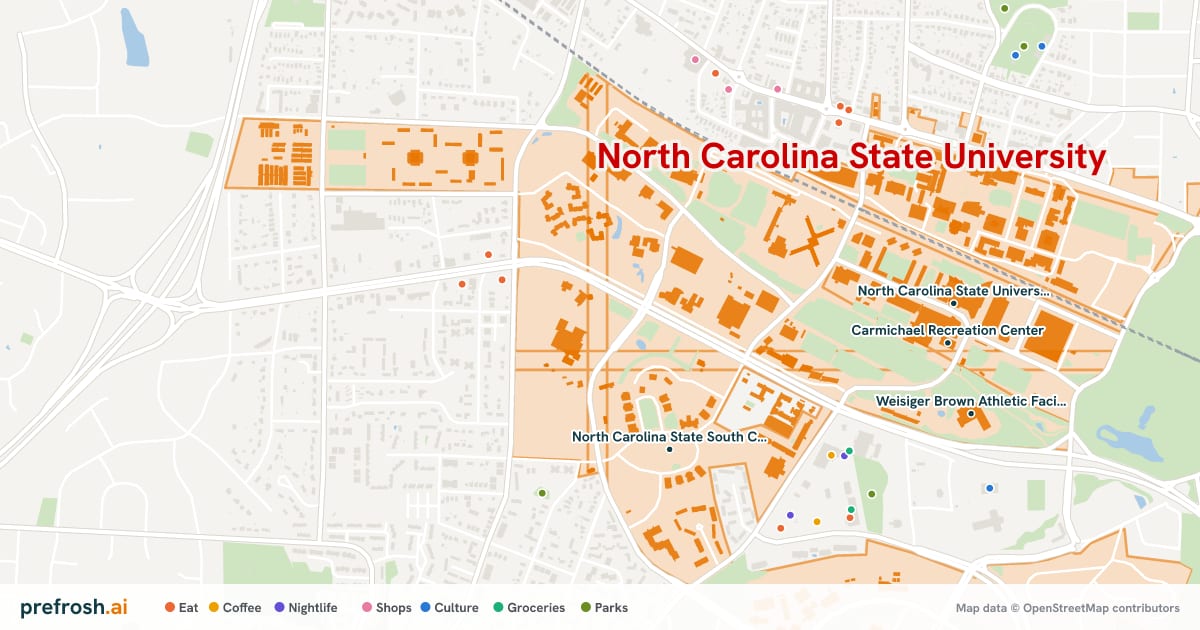 Campus map of North Carolina State University in Raleigh, NC, showing North Carolina State University Central Campus, Carmichael Gymnasium, Price Music Center and Carmichael Recreation Center, with nearby restaurants, coffee and shops