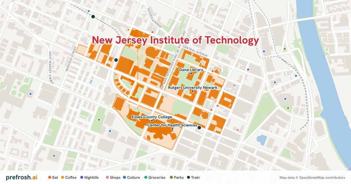 Campus map of New Jersey Institute of Technology in Newark, NJ, showing Rutgers University Newark, Dana Library, Center for Health Sciences and Essex County College, with nearby restaurants, coffee and shops