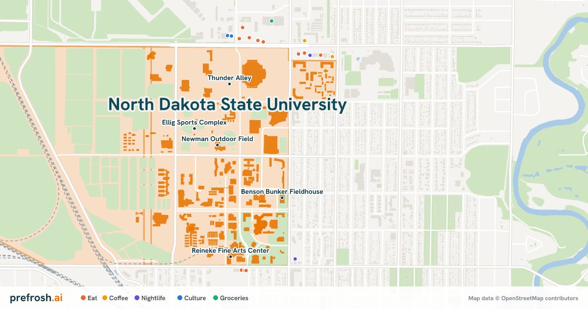 Campus map of North Dakota State University in Fargo, ND, showing Newman Outdoor Field, Shelly Ellig Indoor Track and Field Facility, Ellig Sports Complex and Sanford Health Athletic Complex, with nearby restaurants, coffee and shops