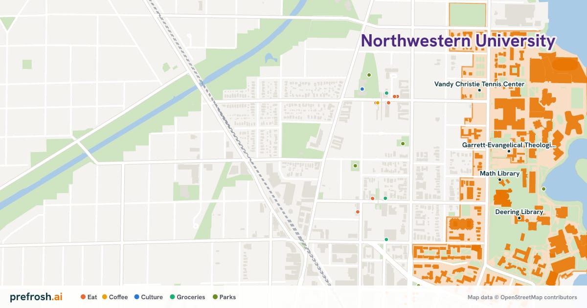 Campus map of Northwestern University in Evanston, IL, showing Garrett-Evangelical Theological Seminary, Math Library, Shanley Hall and Blomquist Recreation Center, with nearby restaurants, coffee and shops