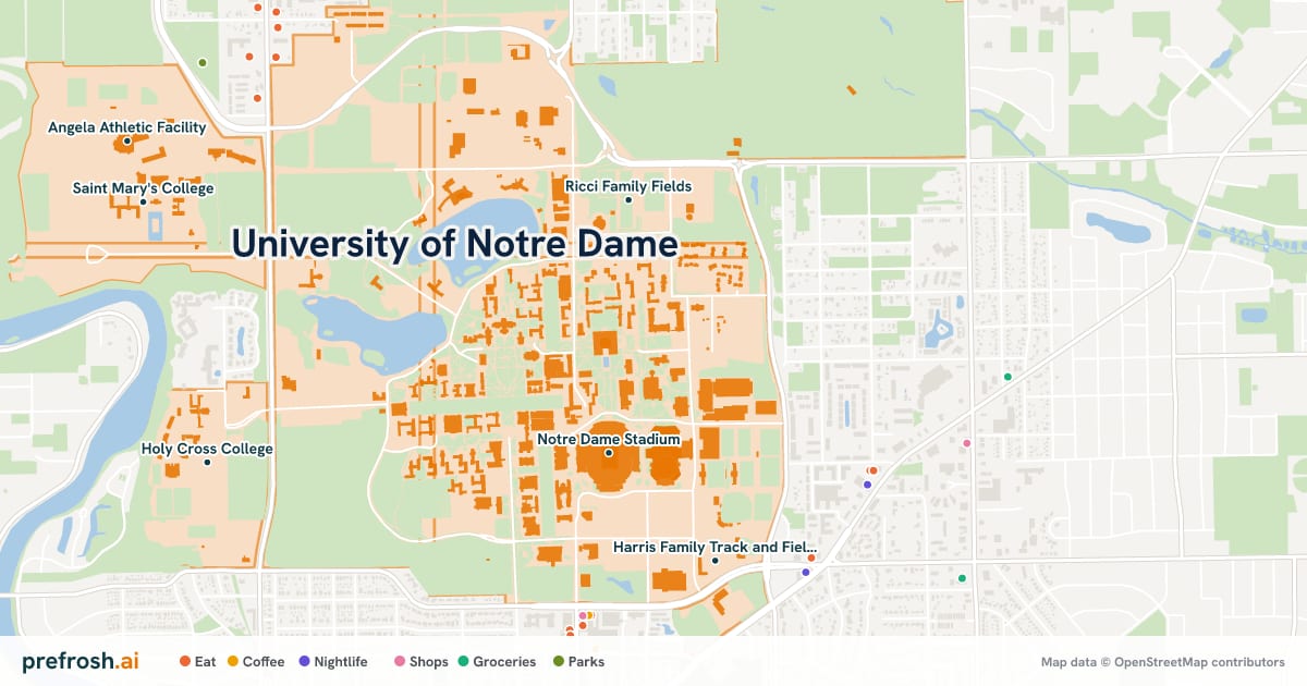 Campus map of University of Notre Dame in Notre Dame, IN, showing University of Notre Dame du Lac, Notre Dame Stadium, Ricci Family Fields and Holy Cross College, with nearby restaurants, coffee and shops