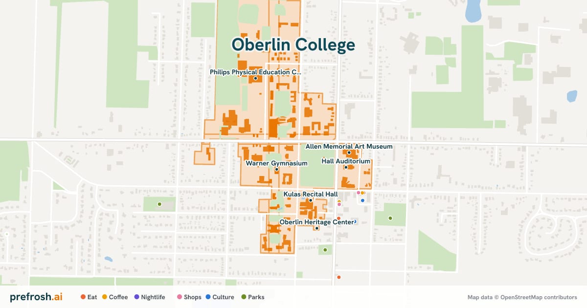 Campus map of Oberlin College in Oberlin, OH, showing Warner Gymnasium, Mudd Library, Kulas Recital Hall and Warner Concert Hall, with nearby restaurants, coffee and shops